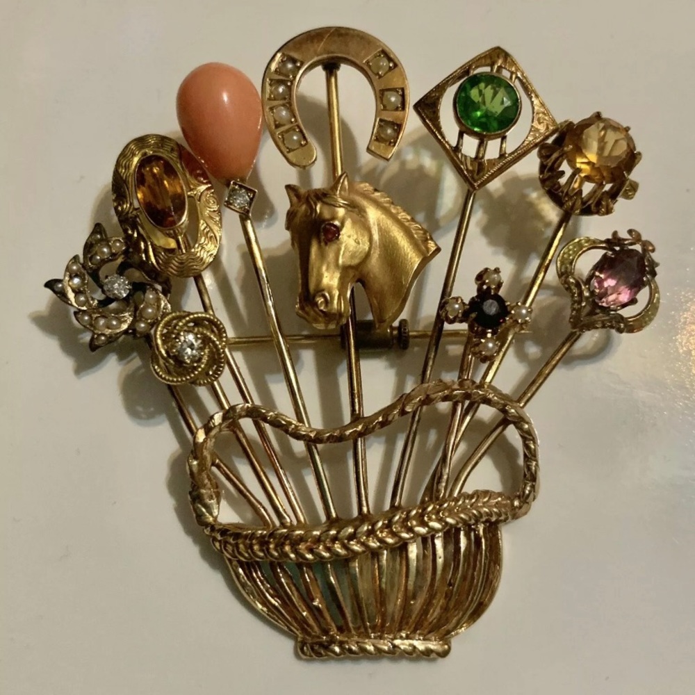 14k Gold Horse Diamond Seed Pearl Stick Pin Brooch